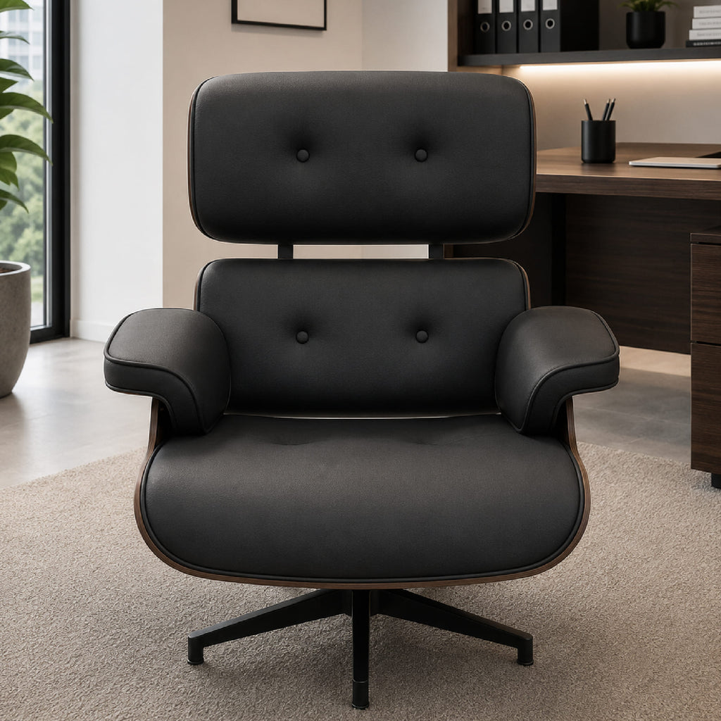 Sillón Ejecutivo Negro con Base Giratoria de Metal y Madera Enchapada