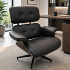 Sillón Ejecutivo Negro con Base Giratoria de Metal y Madera Enchapada