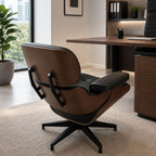 Sillón Ejecutivo Negro con Base Giratoria de Metal y Madera Enchapada
