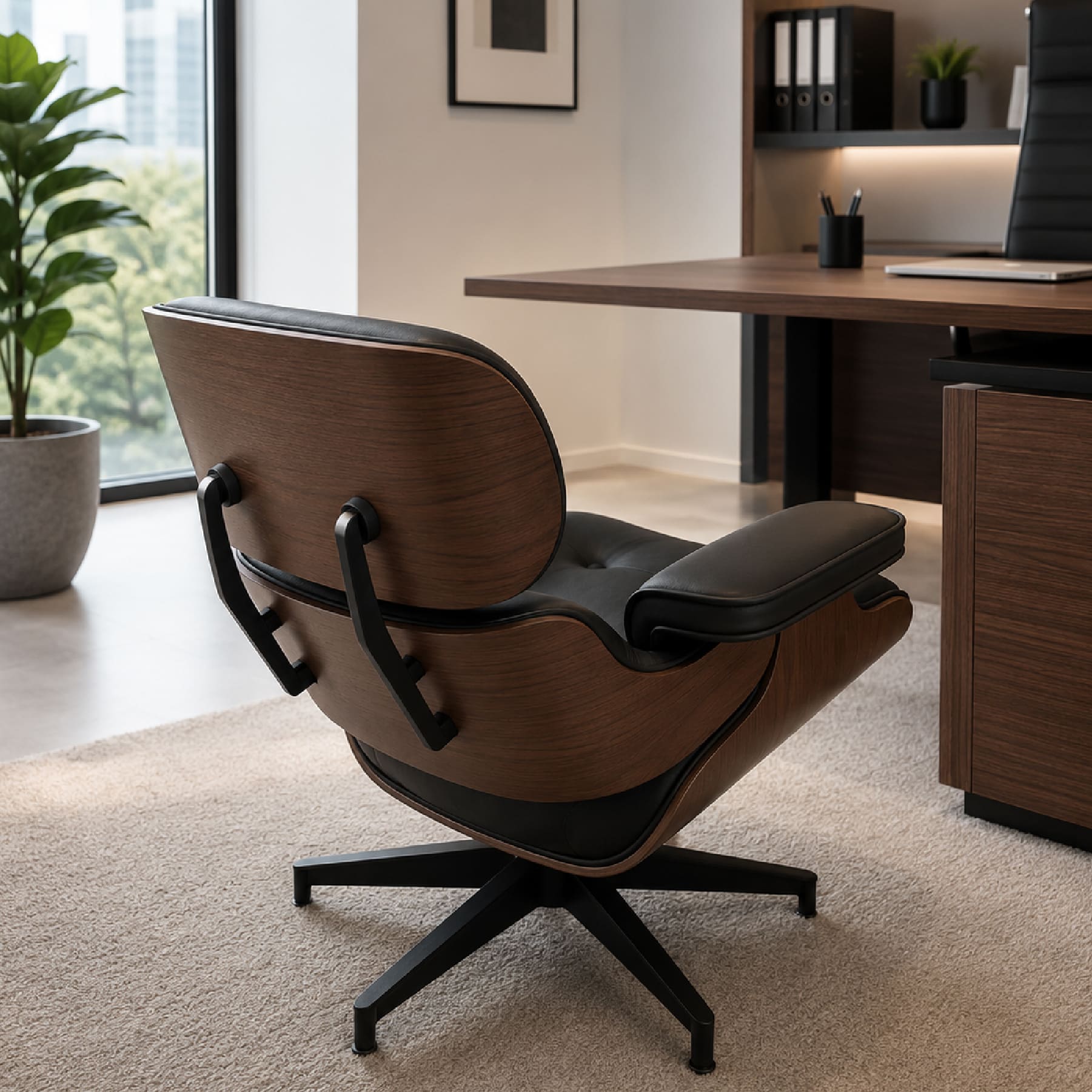 Sillón Ejecutivo Negro con Base Giratoria de Metal y Madera Enchapada